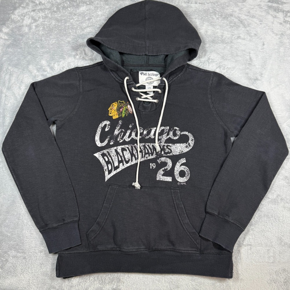 Soft As A Grape Chicago Blackhawks Hoodie Women L Black Lace Up Hockey NHL